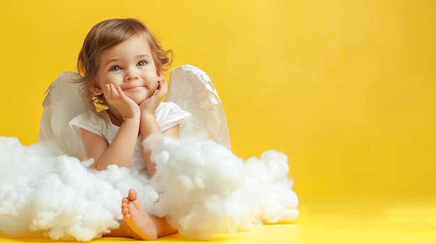 Photo baby angel wings angelic cupid kid adorable girl child sitting and posing at white cloud isolated on yellow background with copy space ar 169 job id b427542e3e614cb491fd9edd39902d5f