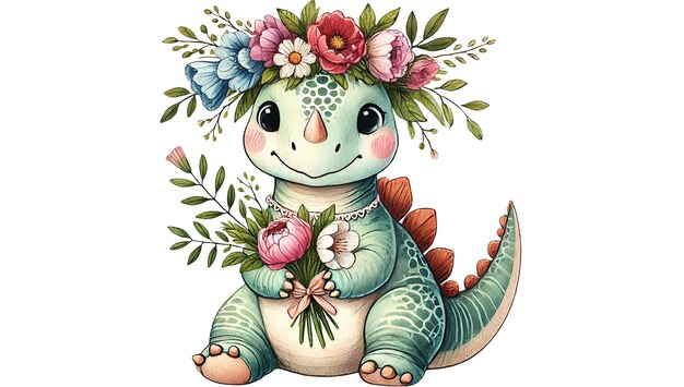 baby Ankylosaurus wearing a flower garland around its neck