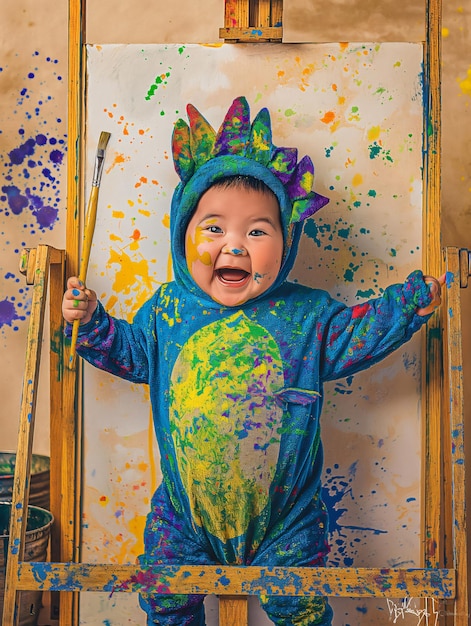 Baby artist covered in paint smiling and holding a brush