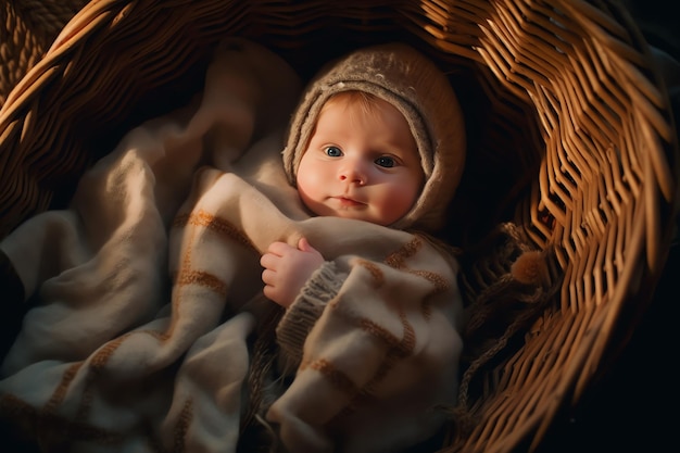 A baby in a basket with a blanket