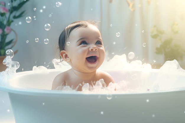 a baby in a bath with bubbles in the background