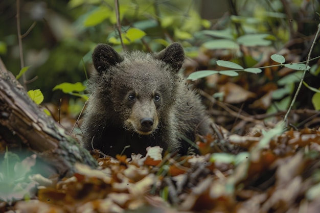 A baby bear is sitting in the woods