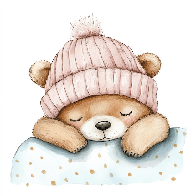 baby bear sleeping and wearing a cozy pink woolen beanie in bed blue illustration