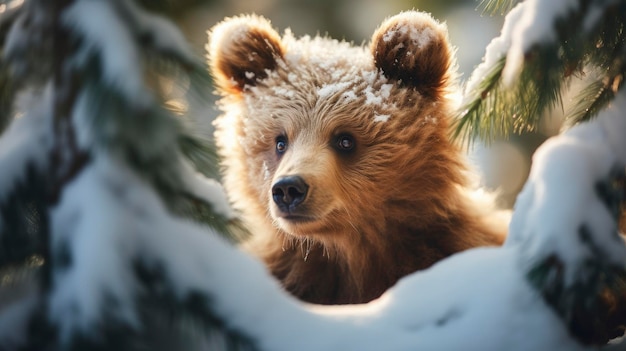 Baby bear in snowy winter beautiful coniferous forest at sunny morning