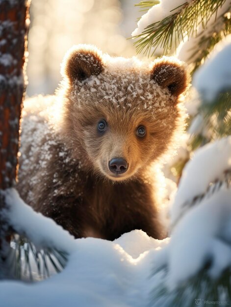 Photo baby bear in snowy winter beautiful coniferous forest at sunny morning