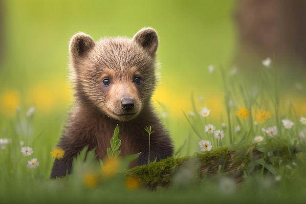 Baby bear in spring green grass with flowers Generative AI