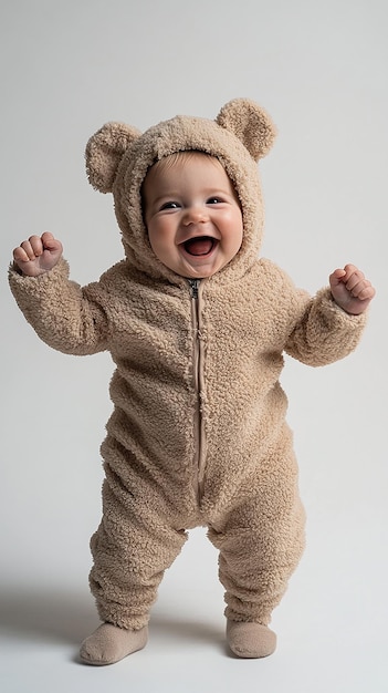 a baby in a bear suit is smiling and has his hands up