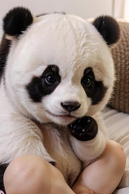 a baby bear with black eyes and black eyes sits on a white couch