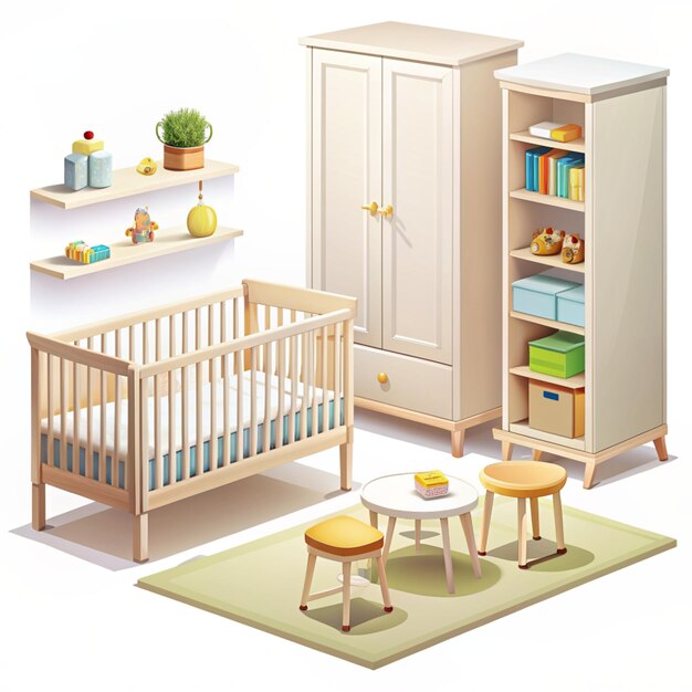 Photo baby bedroom furniture children room interior vector illustration set cartoon child nursery furnishings collection with toddler bed closet with baby toys table with small chairs isolated on whi