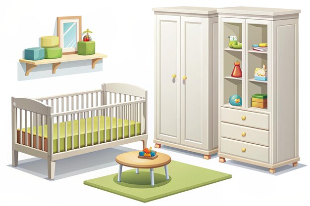 Photo baby bedroom furniture children room interior vector illustration set cartoon child nursery furnishings collection with toddler bed closet with baby toys table with small chairs isolated on whi