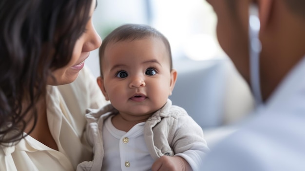 baby being held by a mother during a consultation with a healthcare professional