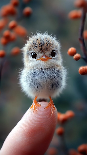 a baby bird is sitting on a hand and the date is 3 4 09