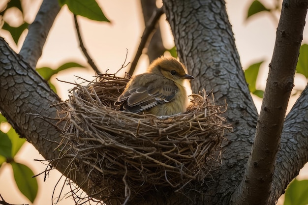 Photo baby bird nestled in a cozy nest surrounded by tree branches and foliage