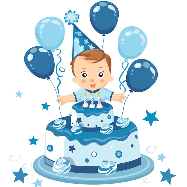 Photo a baby in a birthday cake with balloons and a blue ribbon