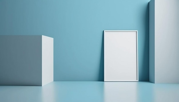 Baby blue background with a podium and white frame blank poster mockup on the floor Generative AI