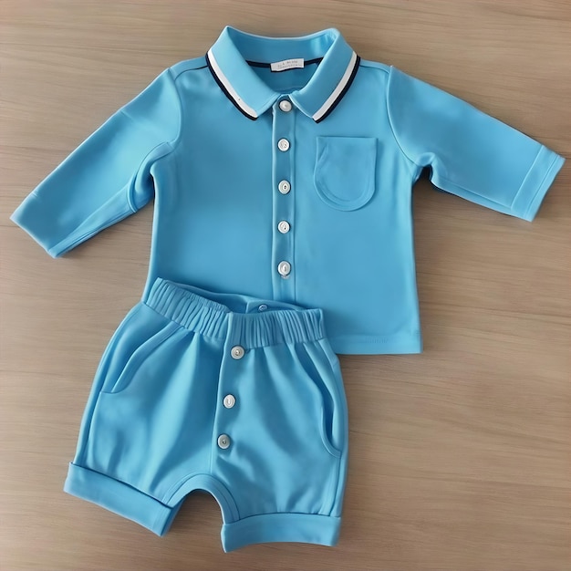 a baby blue outfit with a white collar and a blue collared shirt