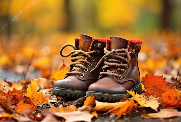 Baby boots in forest Kid shoes with autumn leaves outdoors