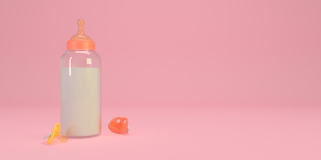 baby bottle with pacifier on pink