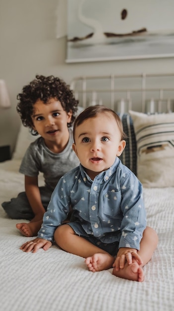 Photo baby boy on bed with brother at home