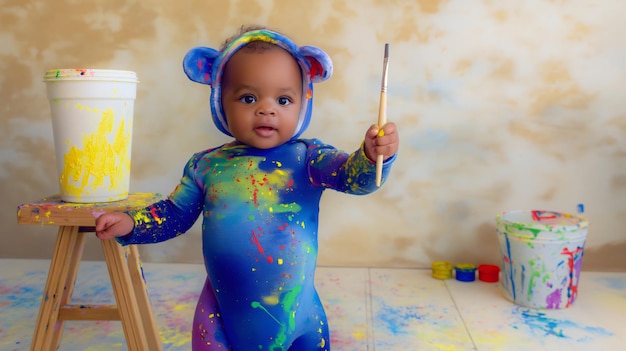 Baby boy covered in paint holding paintbrush