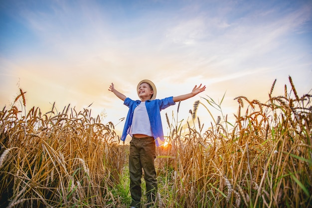 Baby boy standing in a field of wheat ears wide open hands looking into the distance smiling with happiness.