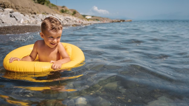 Baby boy swims in a yellow inflatable circle in the sea The child is happy and laughing