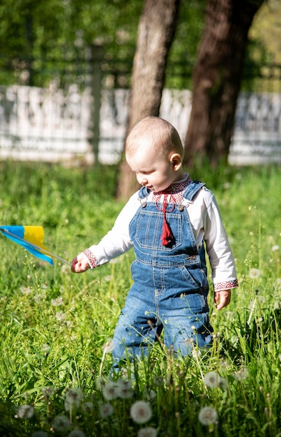 Baby boy in Ukrainian vyshyvanka in the park