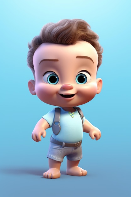 A baby boy with a blue shirt and shorts stands on a blue background.