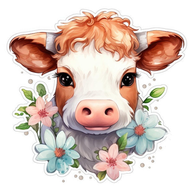 Baby bull surrounded by flowers on a white background