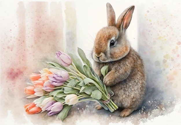 Baby Bunny rabbit holding gift of a bouquet of tulips watercolor. Easter postcard. Easter card with