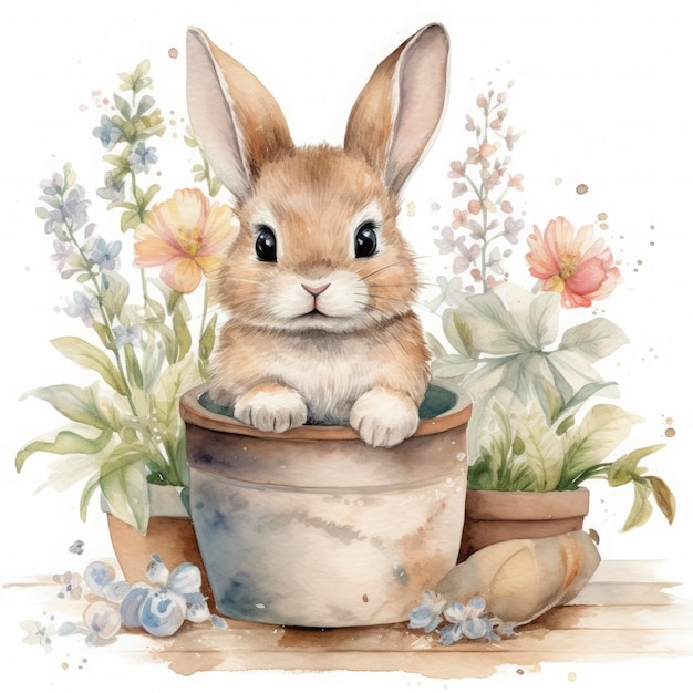 Baby bunny with flowers in pot on white background watercolor neutral colors Generate Ai