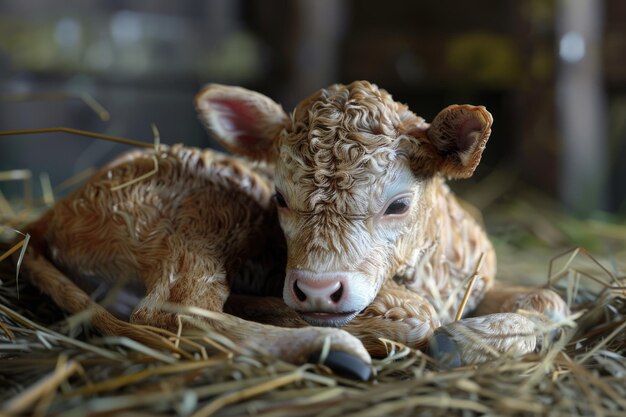 a baby calf is laying on straw with a tag in its ear