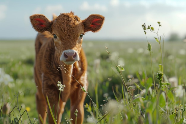 Baby Calf Standing in a Farm Field