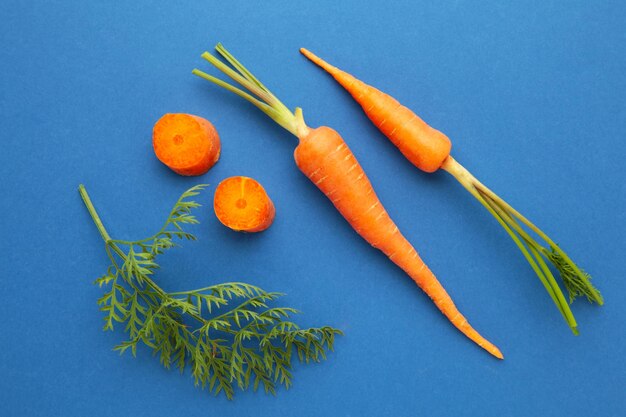 Baby carrots on blue background Flat lay photo Top view