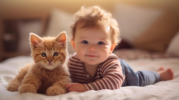 a baby and a cat are laying on a bed