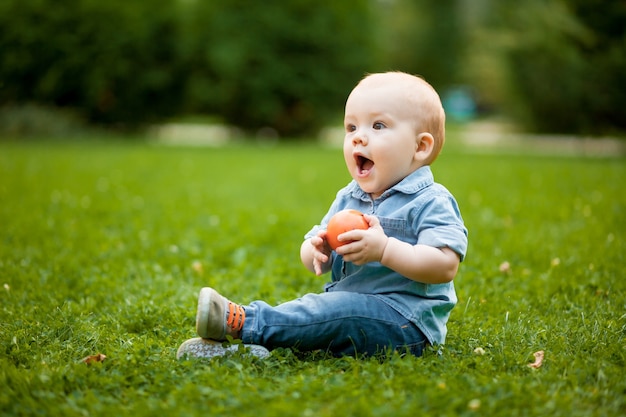 Baby chews a ball on the lawn in the Park