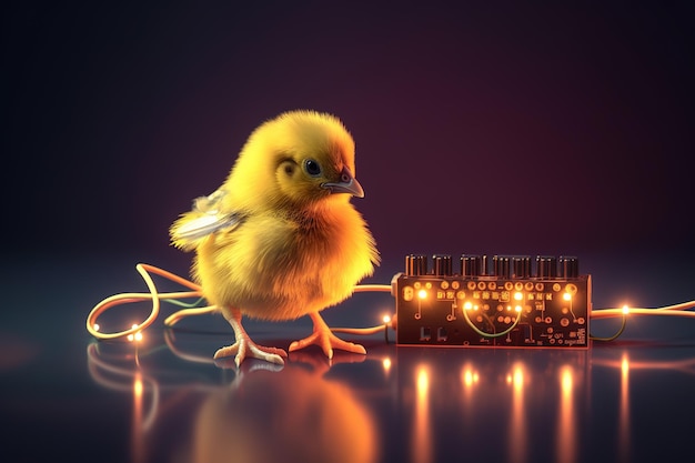 Baby chick with light that is in the digital world Farm animals illustration generative AI