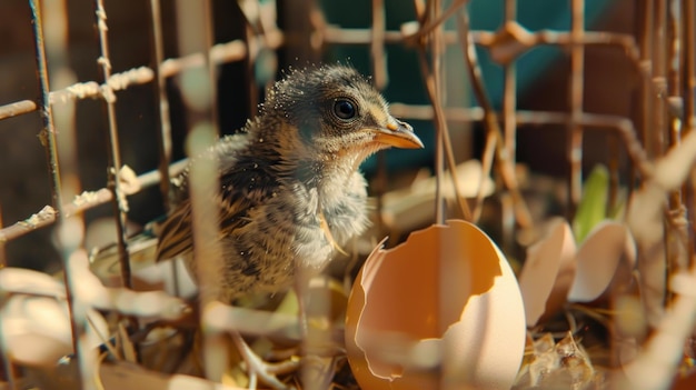 Photo a baby chicken comes out of an egg in a cagegenerative ai