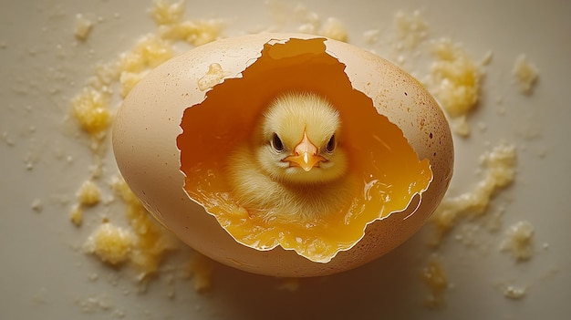 Photo a baby chicken inside an egg that is broken