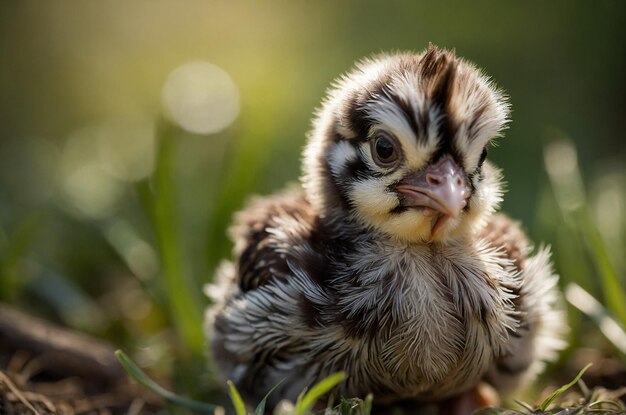 a baby chicken sits in the grass with the sun shining behind it