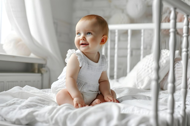 baby child sitting on the white baby bed over white room backgro