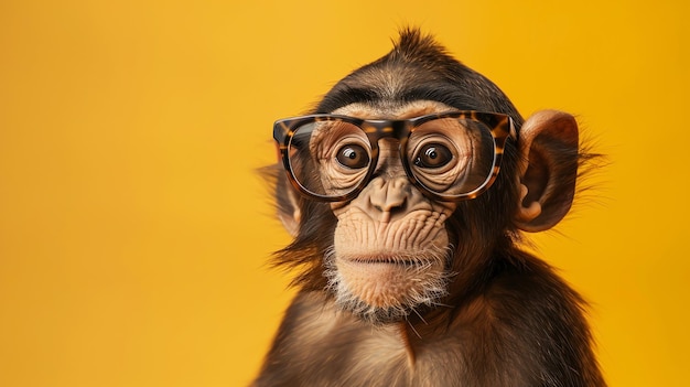 A baby chimp wearing glasses looks directly at the camera with a thoughtful expression