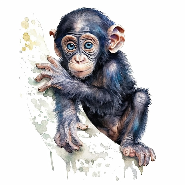 Baby Chimpanzee watercolor with ink outline on white background high detailed generative AI