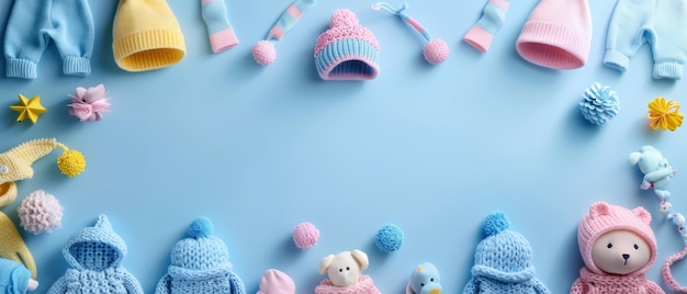 Photo baby clothes flat lay of adorable pastel baby clothes arranged neatly on a soft textured fabric