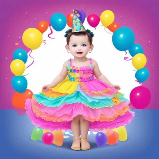 a baby in a colorful dress with balloons and a picture of a little girl in a party hat