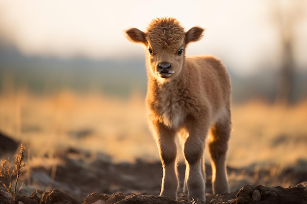 a baby cow standing in a field of dirt