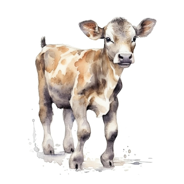 Baby Cow watercolor with ink outline on white background high detailed generative AI