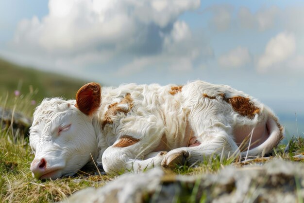 Photo a baby cow with a white face and a brown and white face