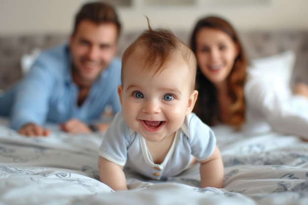 Baby Crawling on Bed With Parents