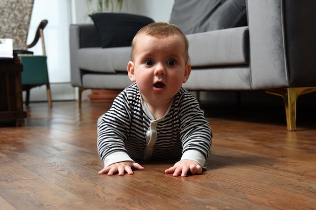 Baby crawling on the floor at home, with a wooden floor